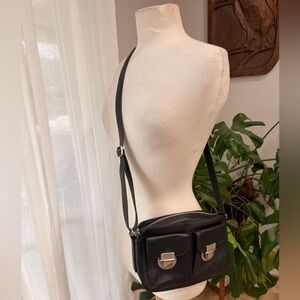 Fossil Black Leather Crossbody Bag Double Pocket Adjustable Strap NWT No Tags